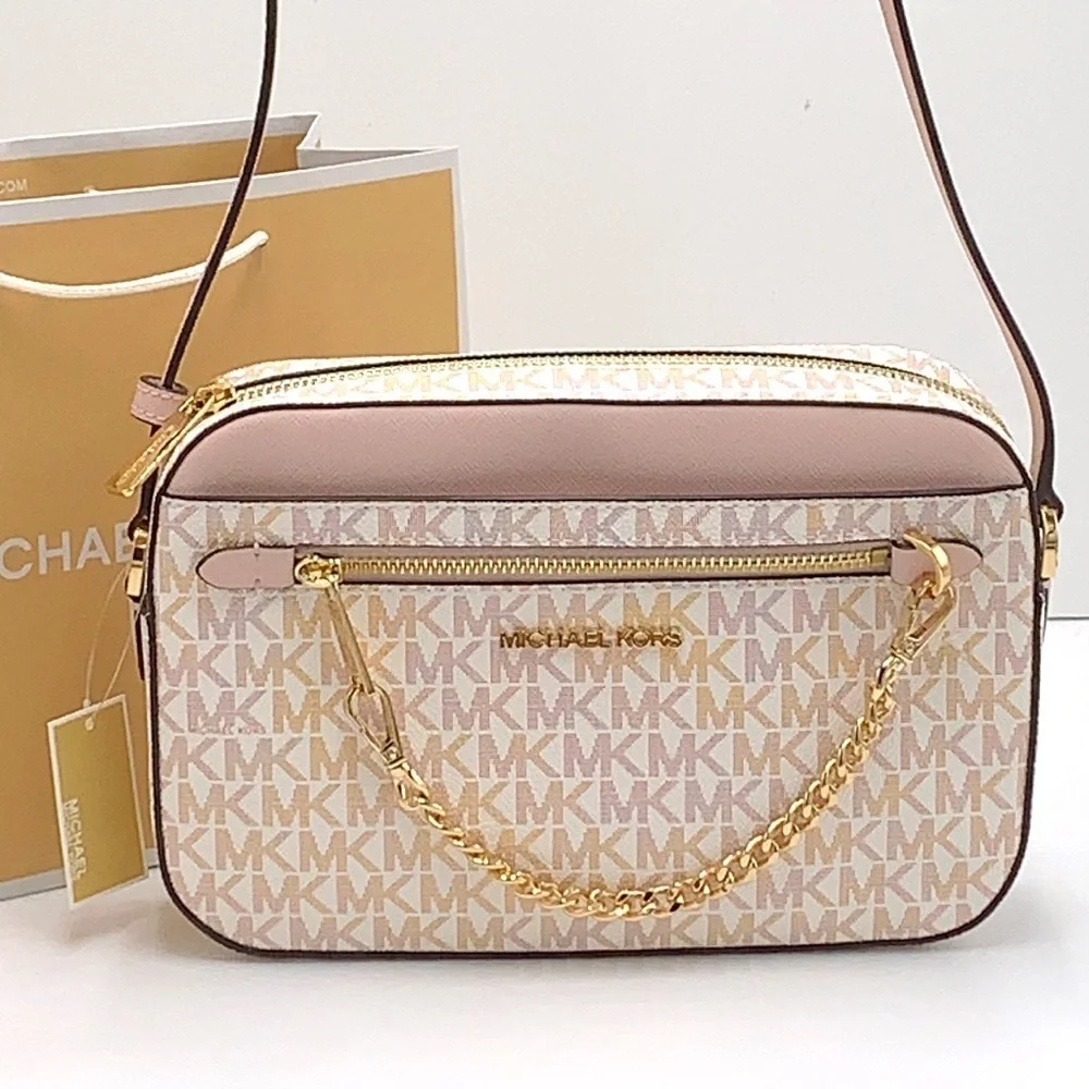 MICHAEL KORS LARGE EAST WEST ZIP CHAIN XBODY OPTIC WHITE ROSE GOLD COLOR